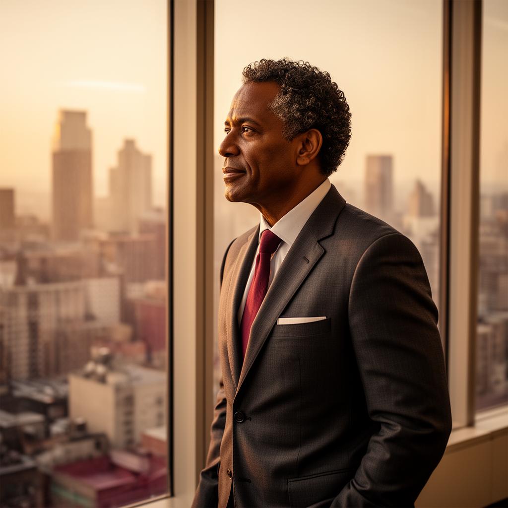 Executive looking out over a city skyline at dusk