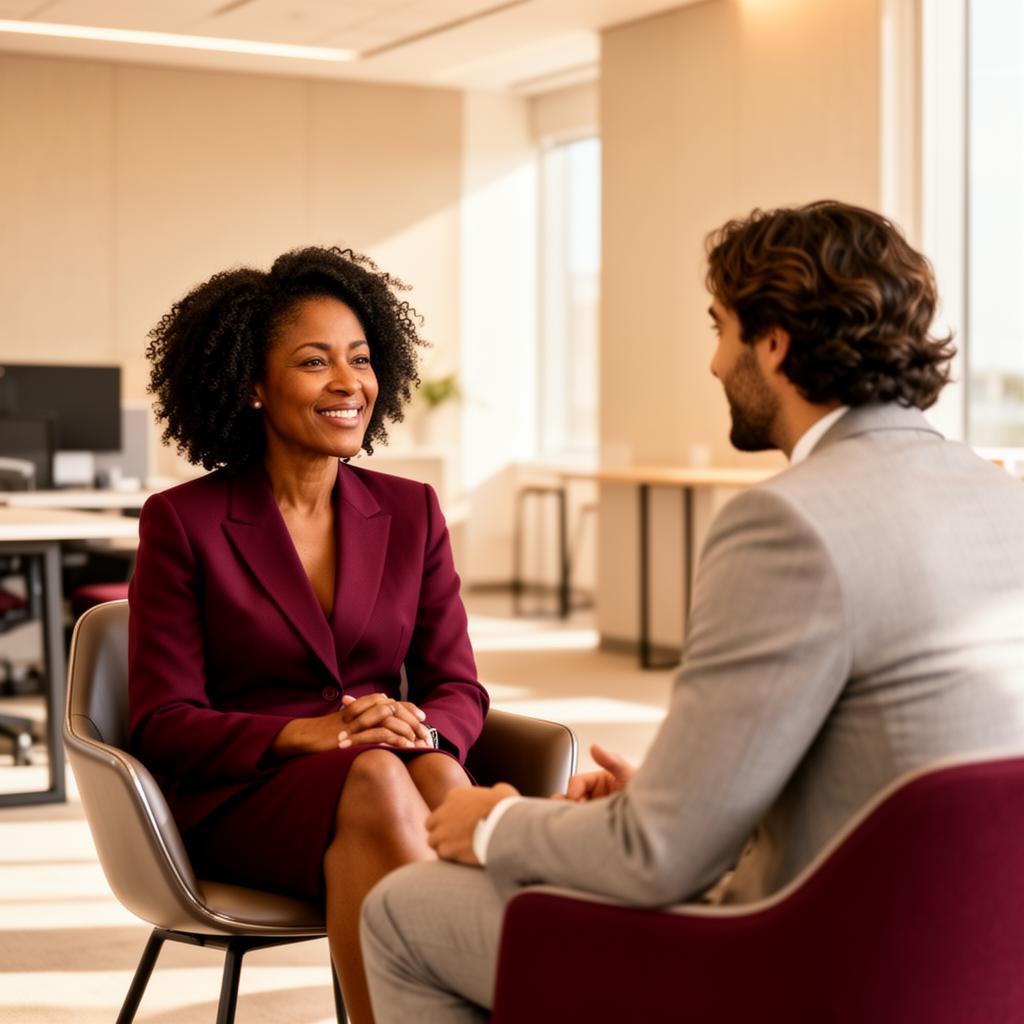 Two professionals having a pleasant sit-down conversation